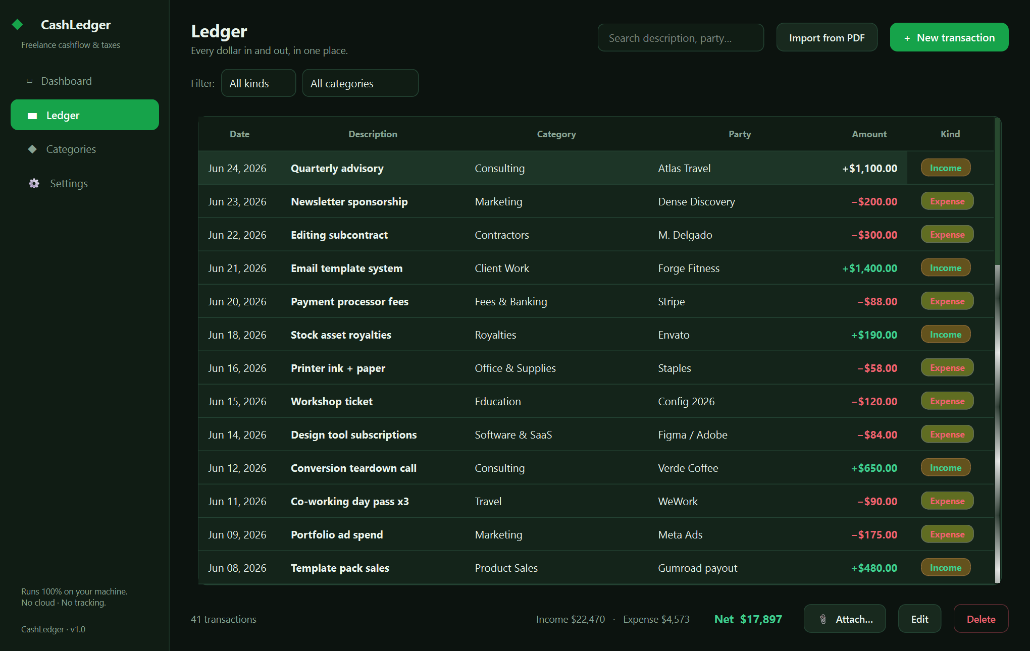 CashLedger ledger — Track every dollar in and out, set aside the right amount for taxes, and own your books in a single offline file — no subscription, no account.