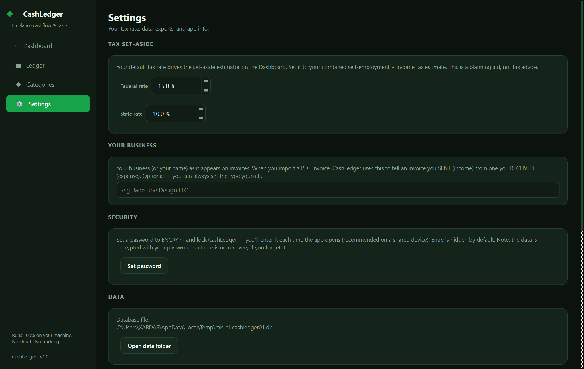 CashLedger settings — Track every dollar in and out, set aside the right amount for taxes, and own your books in a single offline file — no subscription, no account.