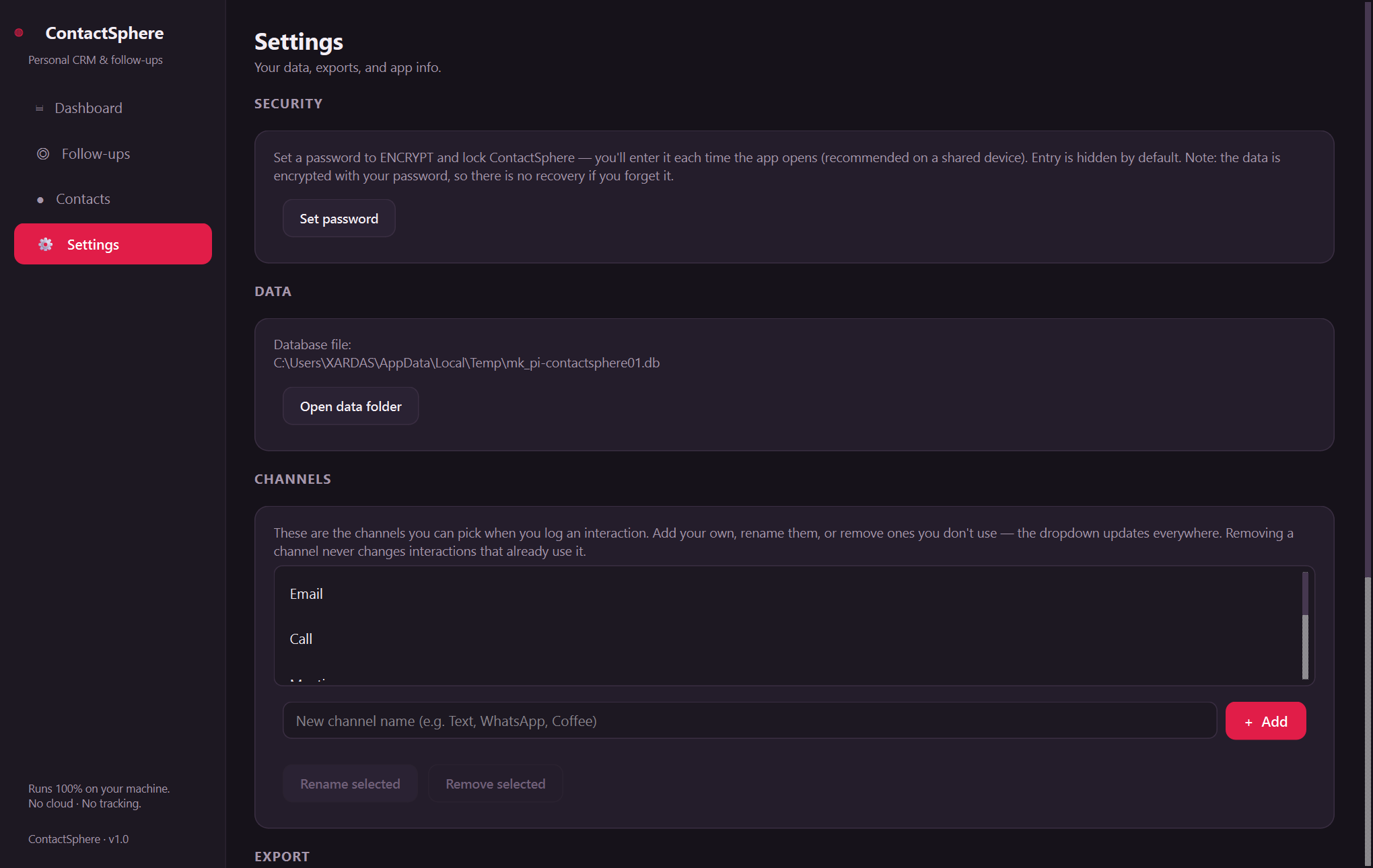 ContactSphere settings — An offline personal CRM that triages who needs a follow-up today.