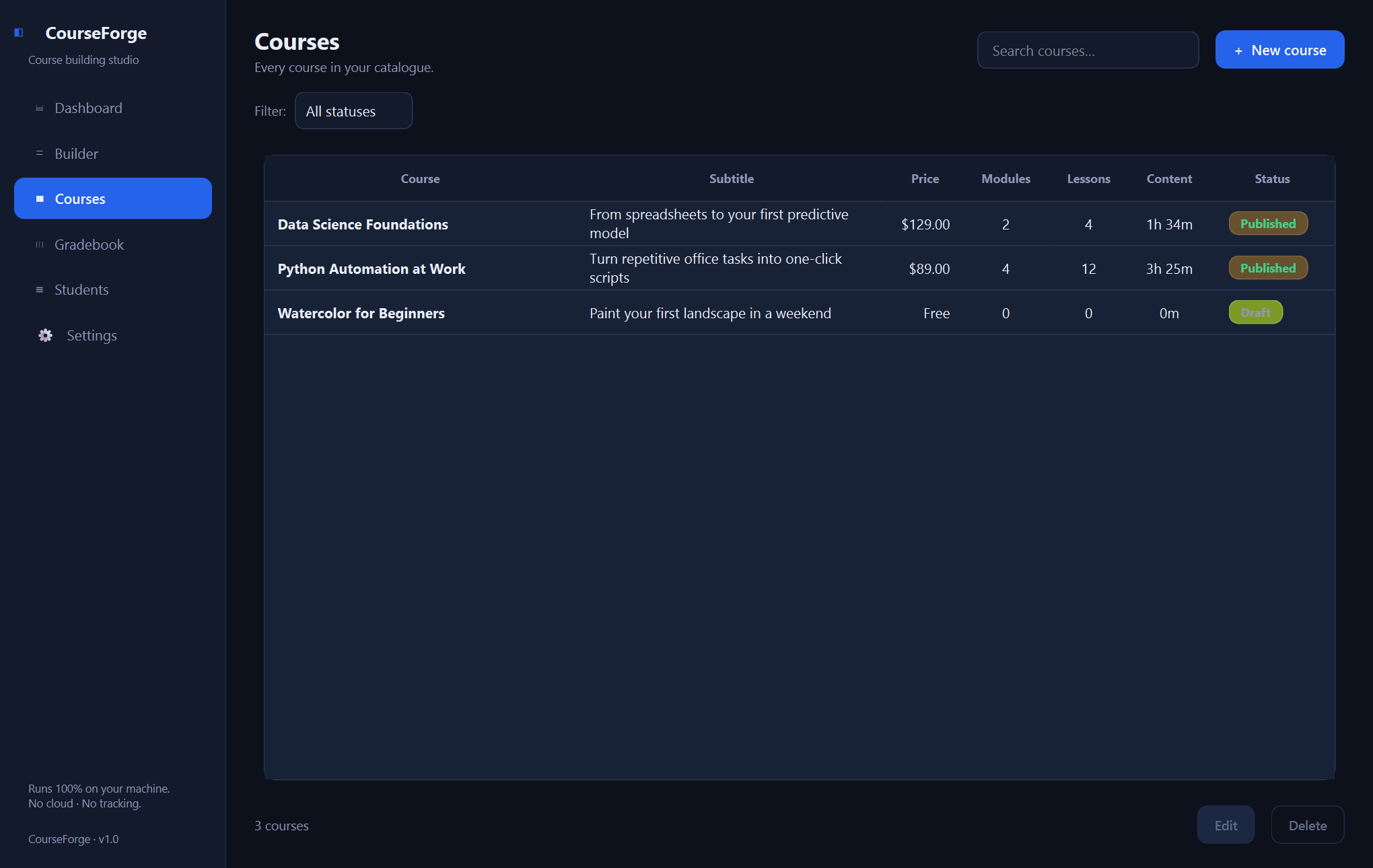 CourseForge courses — Plan courses, track student grades, and print transcripts — a native Windows app that runs fully offline.