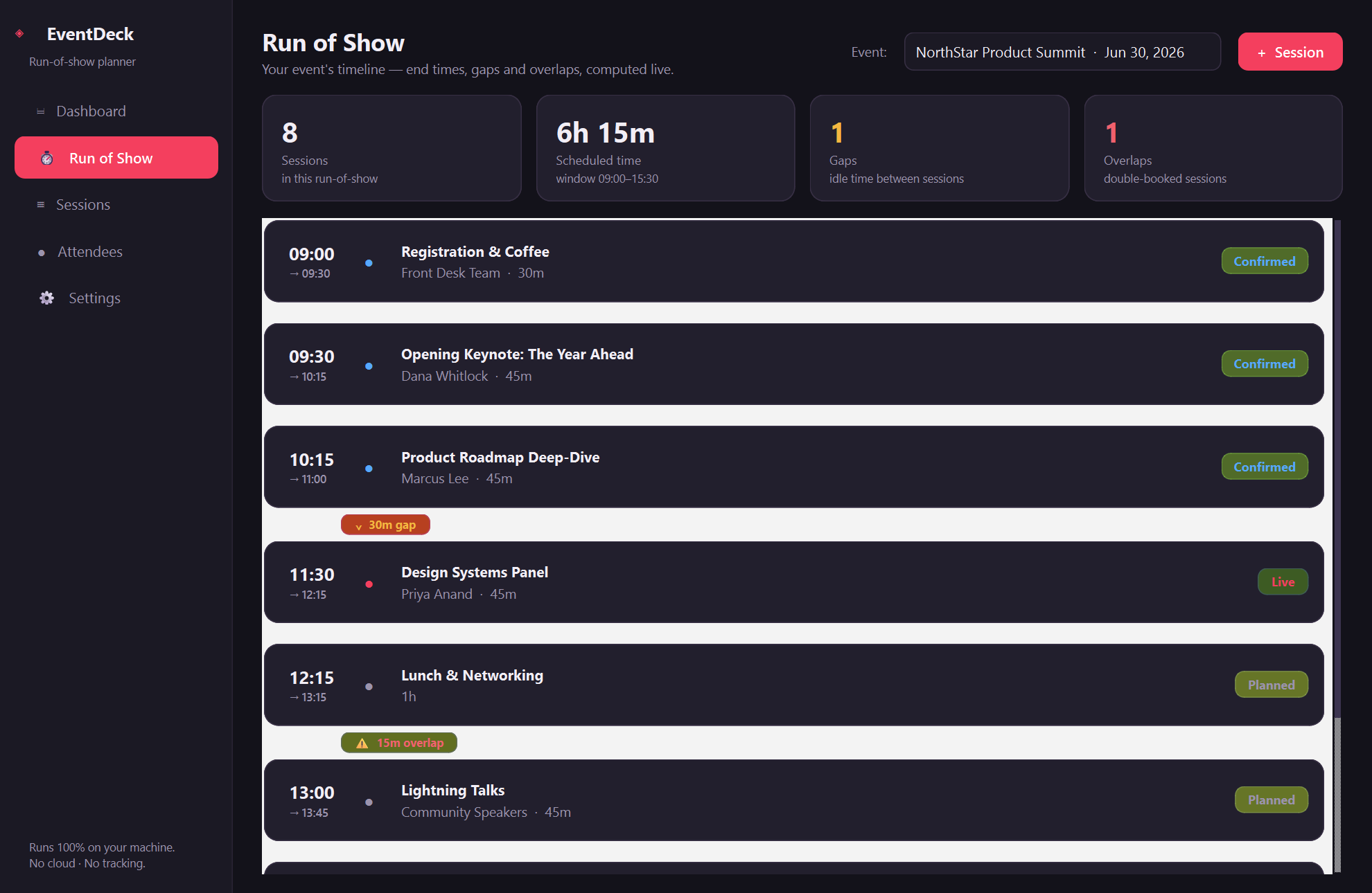 EventDeck — An offline run-of-show planner for workshops and events.