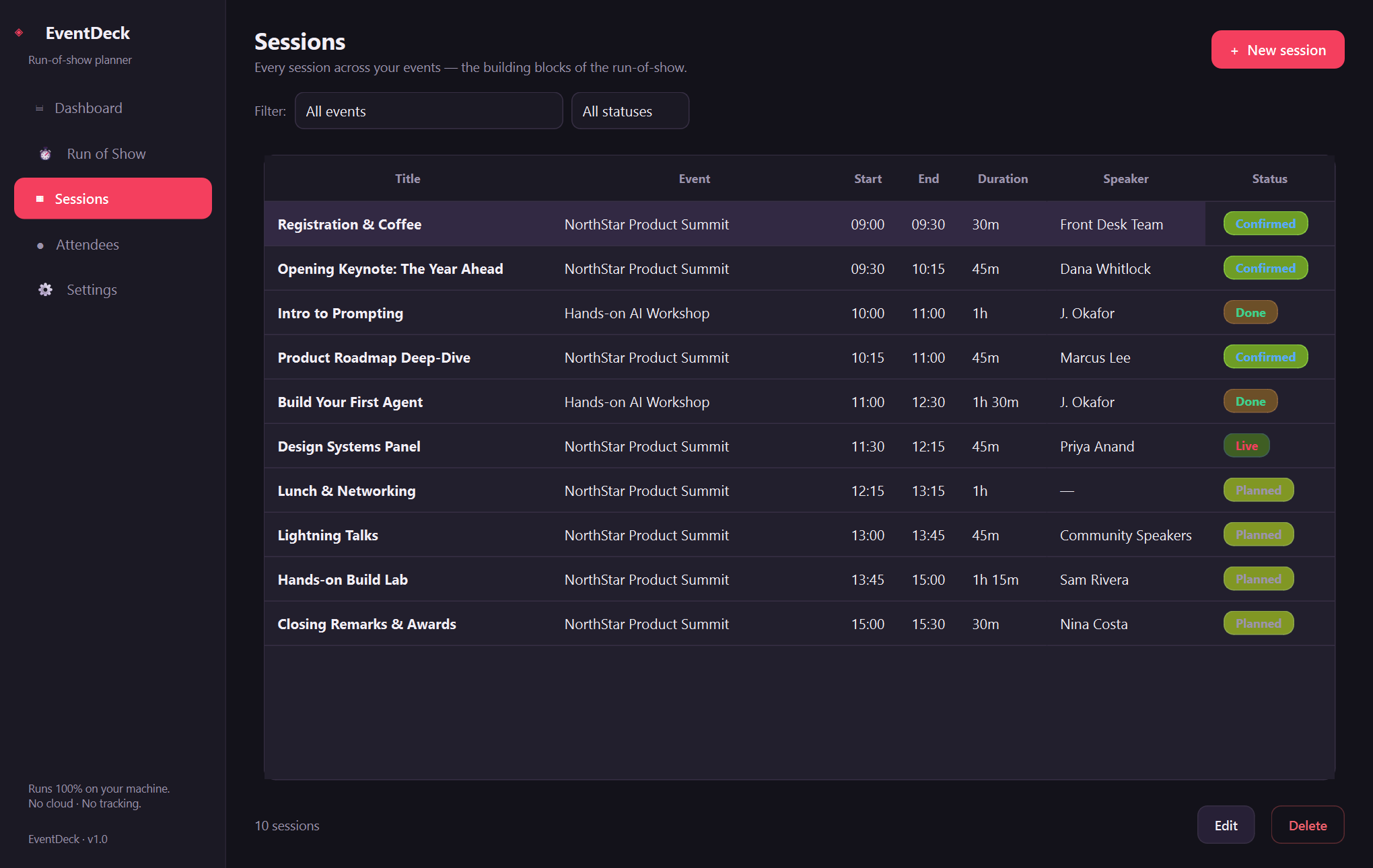 EventDeck sessions — An offline run-of-show planner for workshops and events.