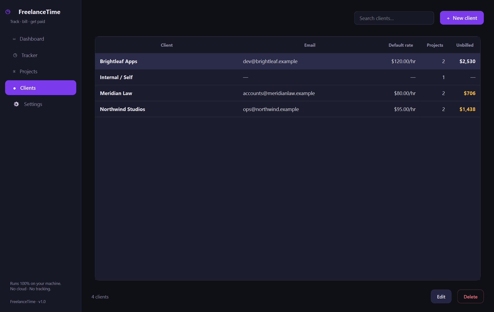 FreelanceTime clients — Offline time tracking and billing for freelancers — your hours, rates, and clients in one native Windows app, on your machine alone.
