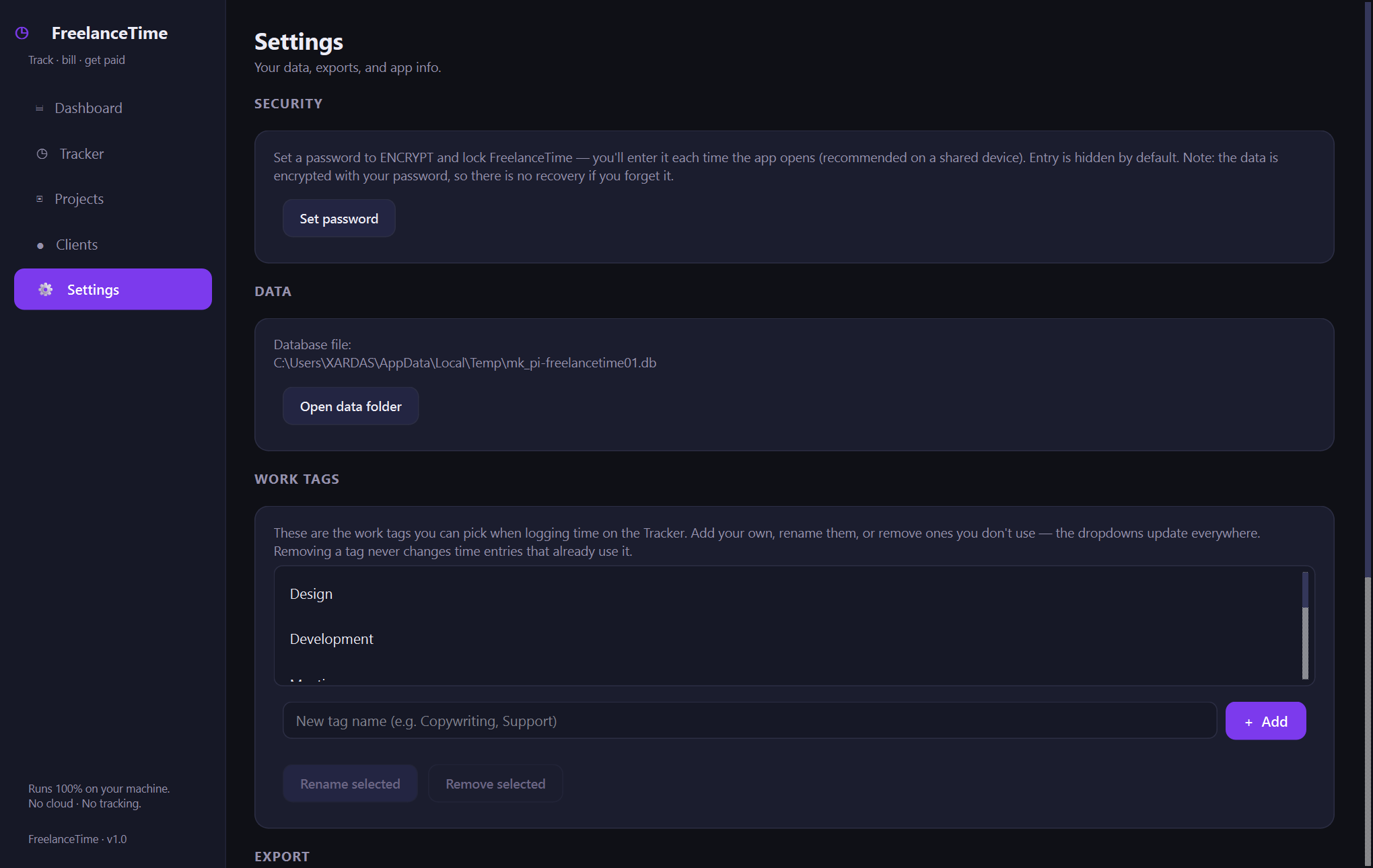FreelanceTime settings — Offline time tracking and billing for freelancers — your hours, rates, and clients in one native Windows app, on your machine alone.