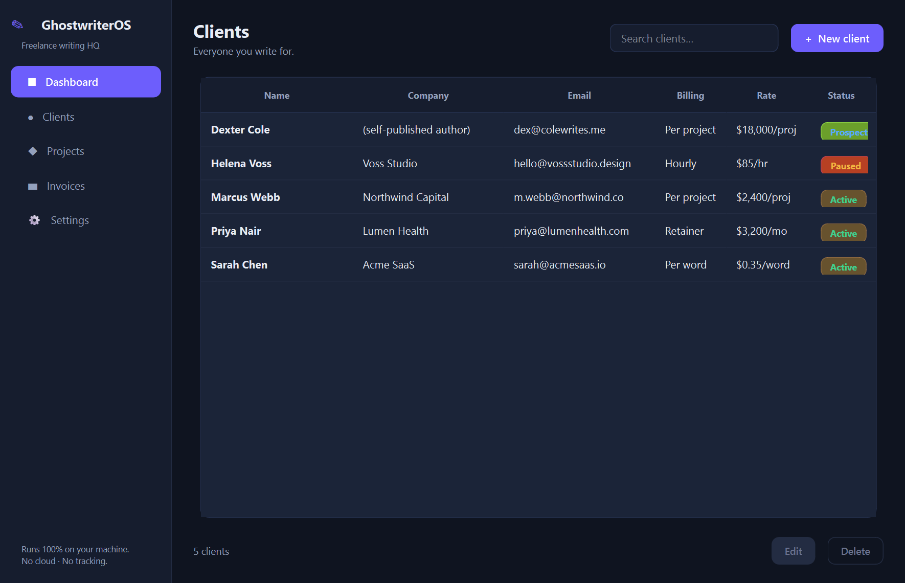 GhostwriterOS clients — The local business hub for freelance writers — clients, projects, and invoices, all on your own machine.