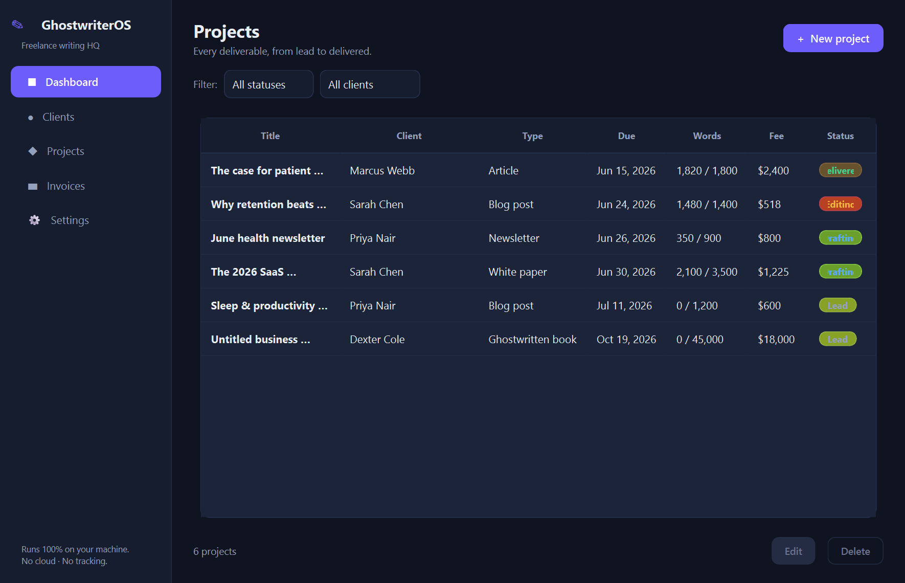 GhostwriterOS projects — The local business hub for freelance writers — clients, projects, and invoices, all on your own machine.