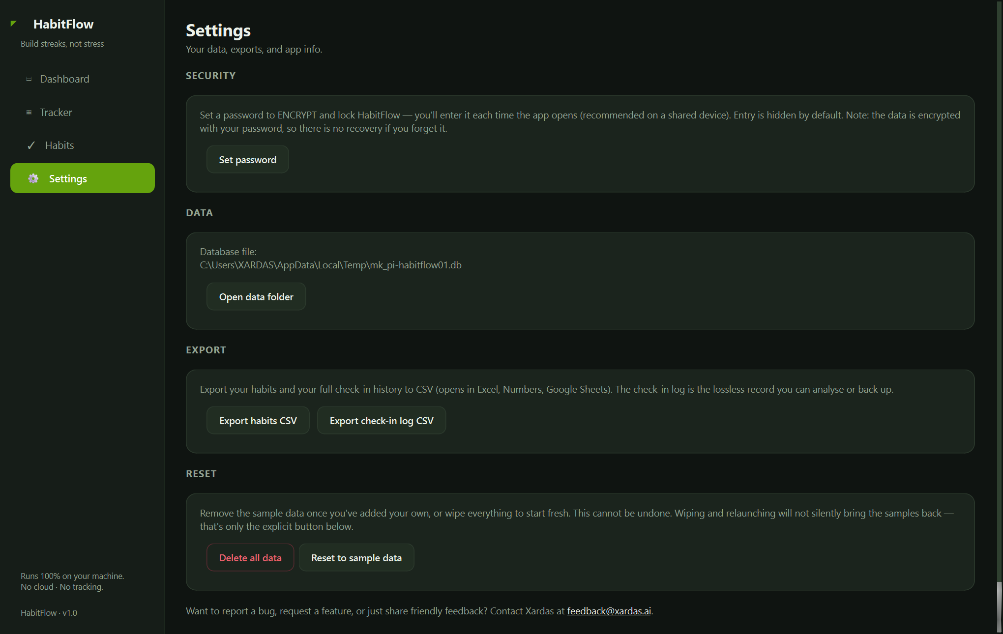 HabitFlow settings — An offline desktop tracker for the habits and goals you're building — with a GitHub-style contribution heatmap for every one.