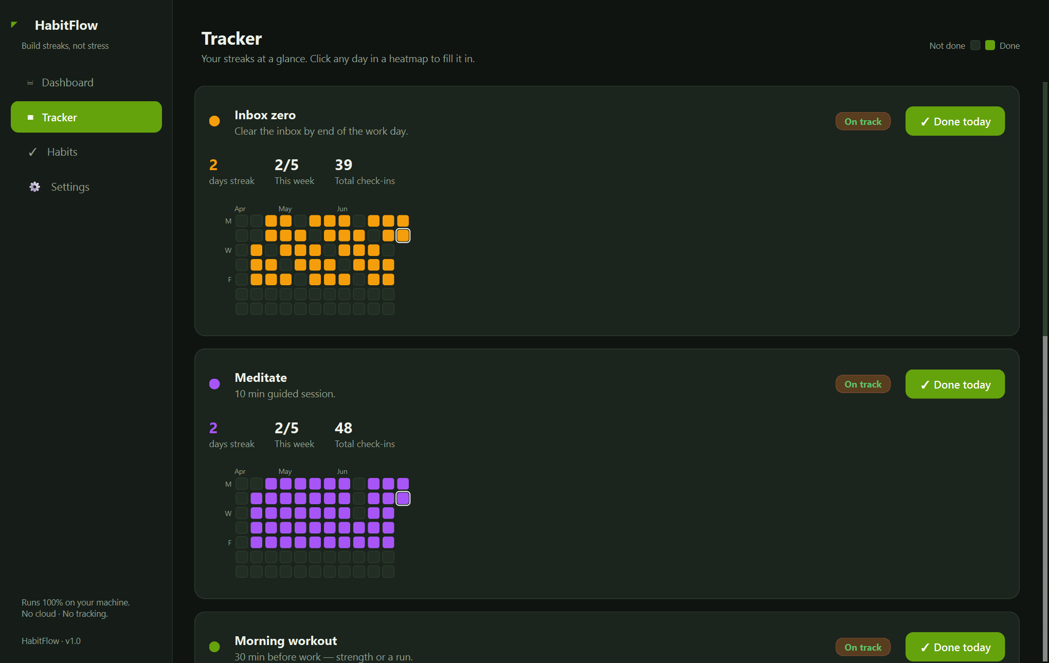 HabitFlow — An offline desktop tracker for the habits and goals you're building — with a GitHub-style contribution heatmap for every one.