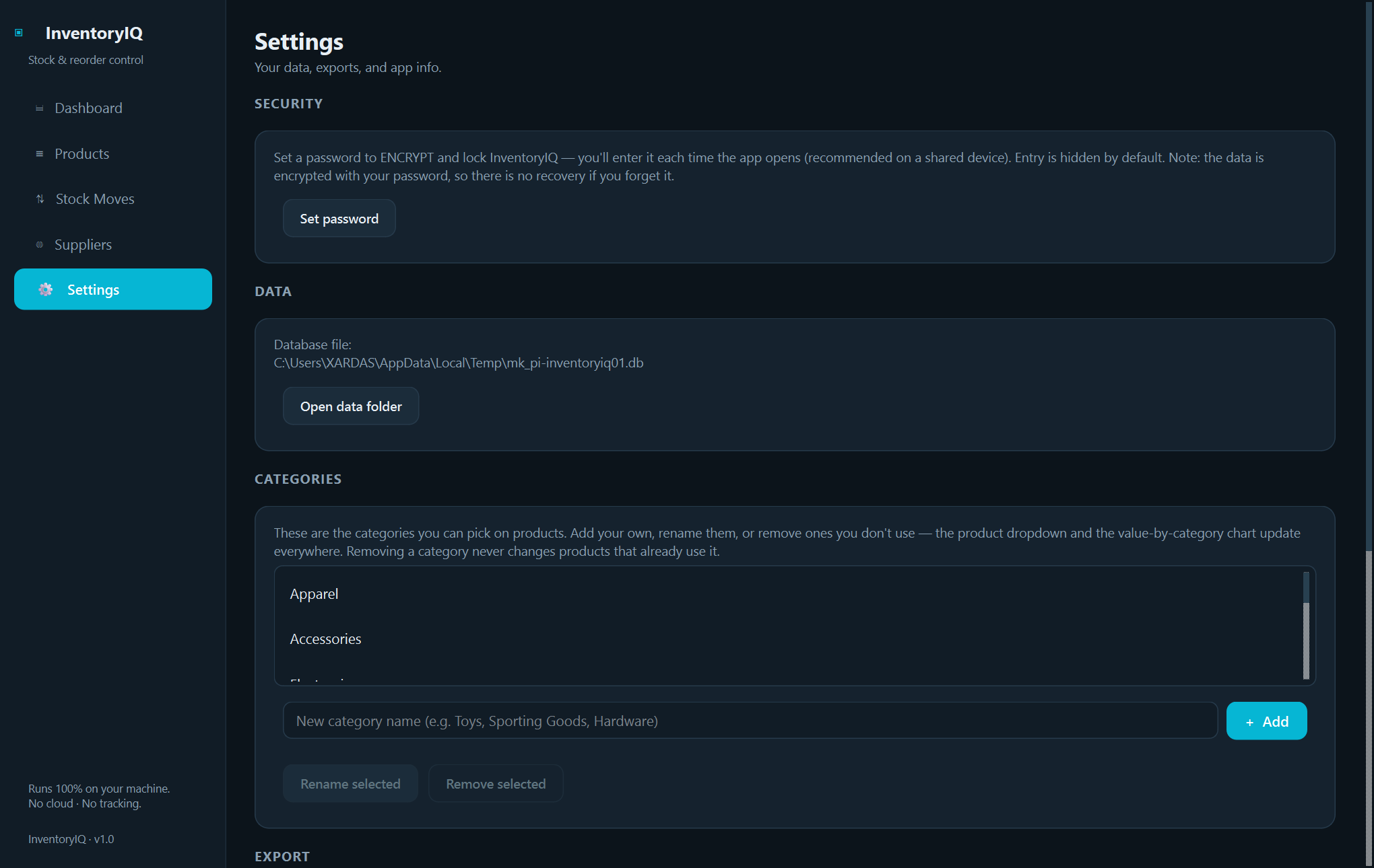 InventoryIQ settings — Track stock, suppliers, and reorders in a native Windows app — fully offline, no account, no cloud.