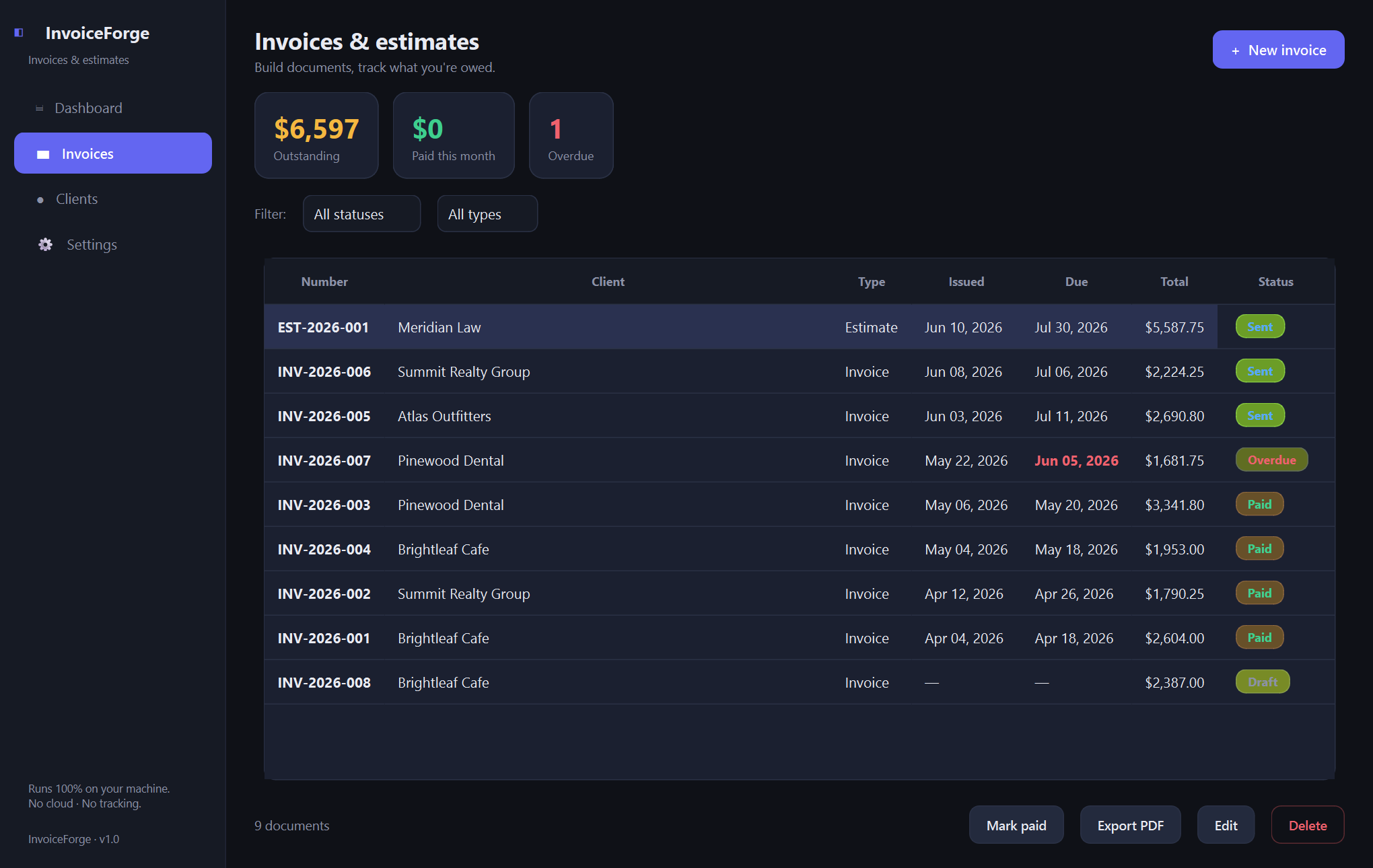 InvoiceForge invoices — A native, fully offline invoice and estimate builder for freelancers and small businesses — your data stays in one file on your own machine.