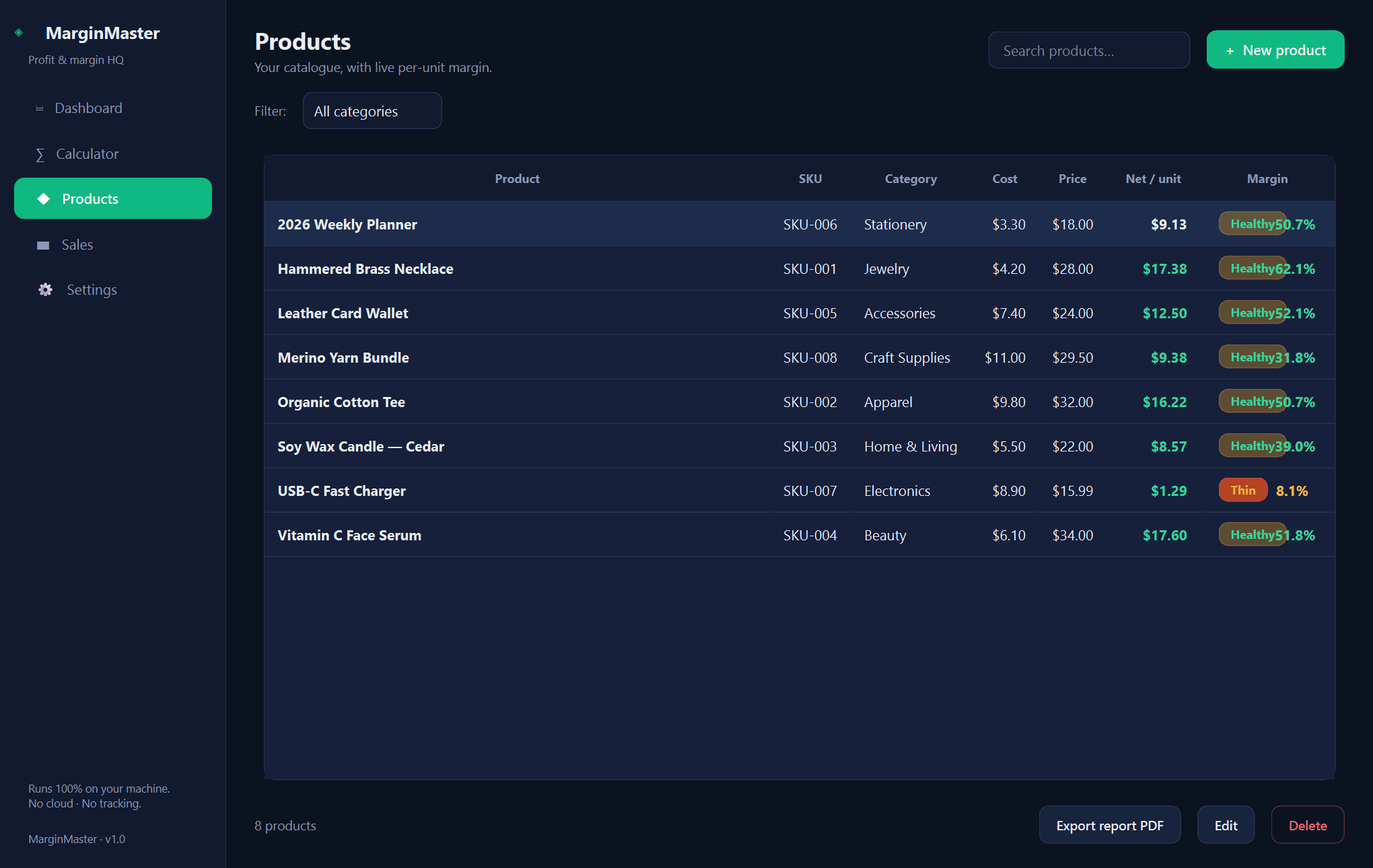 MarginMaster products — An offline profit and margin manager for e-commerce sellers.
