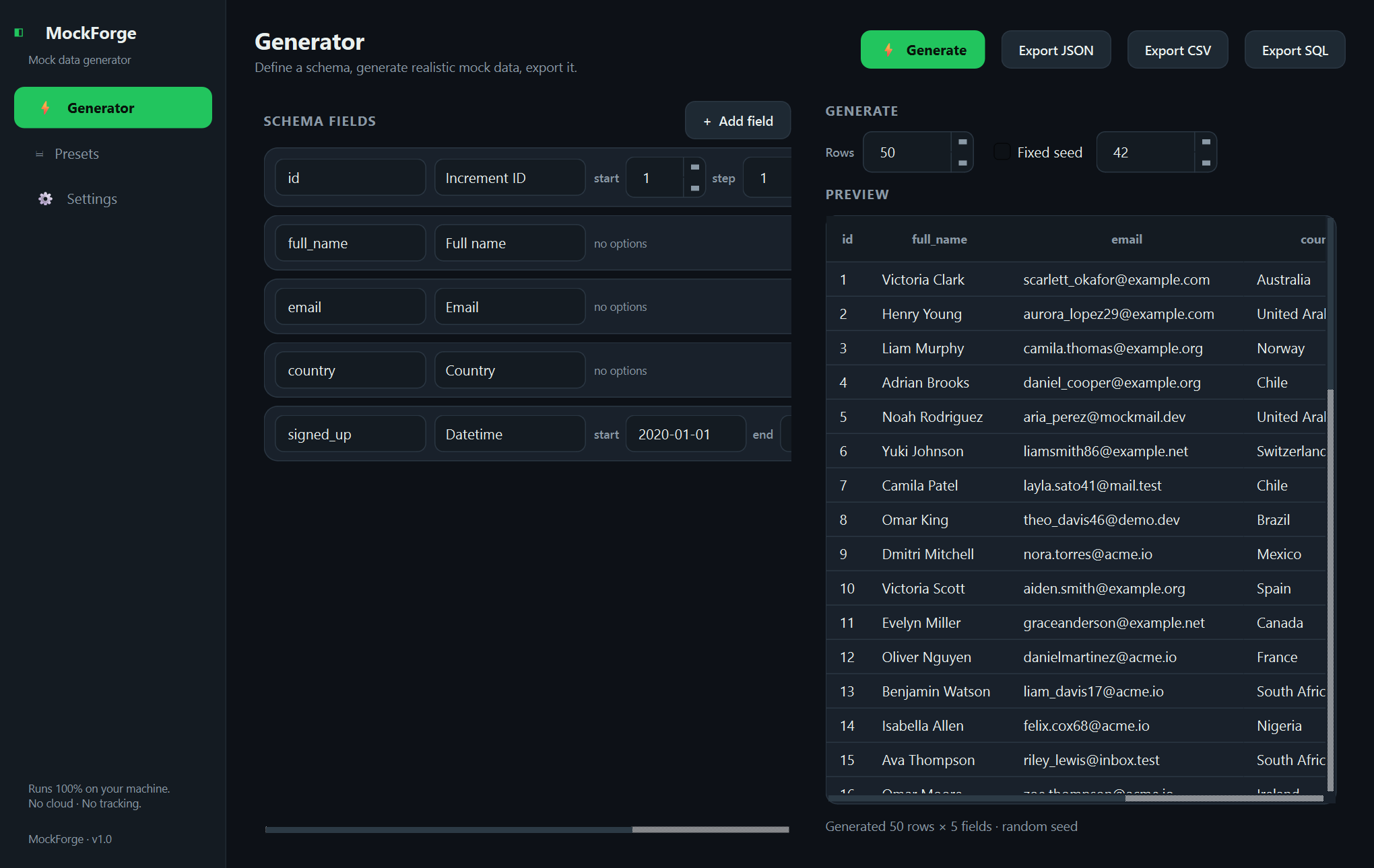 MockForge — Offline mock-data generator for developers — schema in, JSON, CSV, or SQL out.