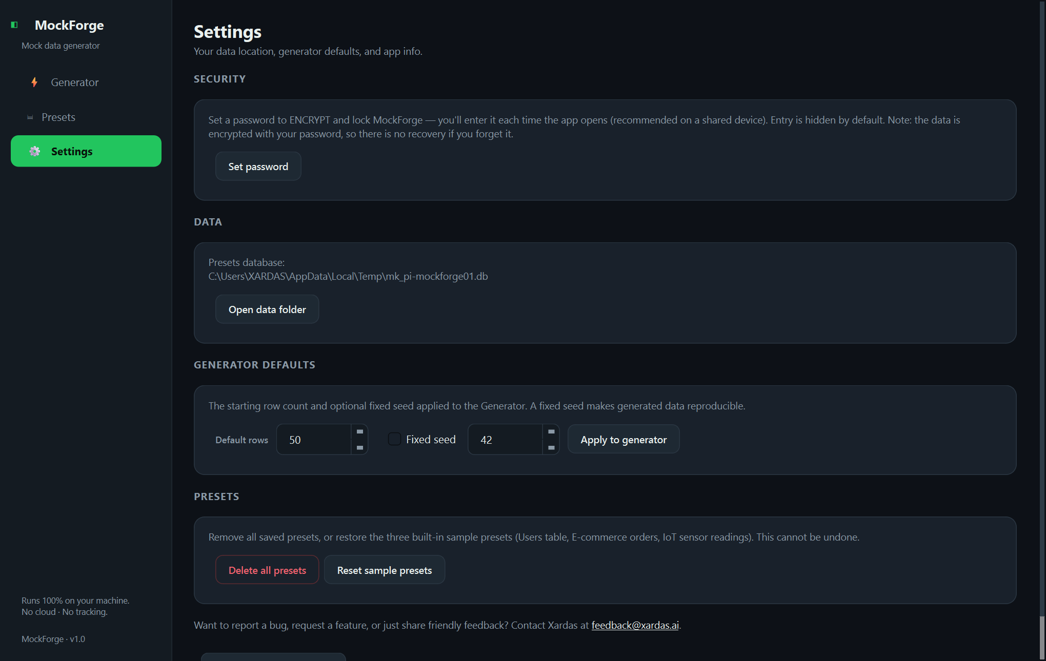 MockForge settings — Offline mock-data generator for developers — schema in, JSON, CSV, or SQL out.