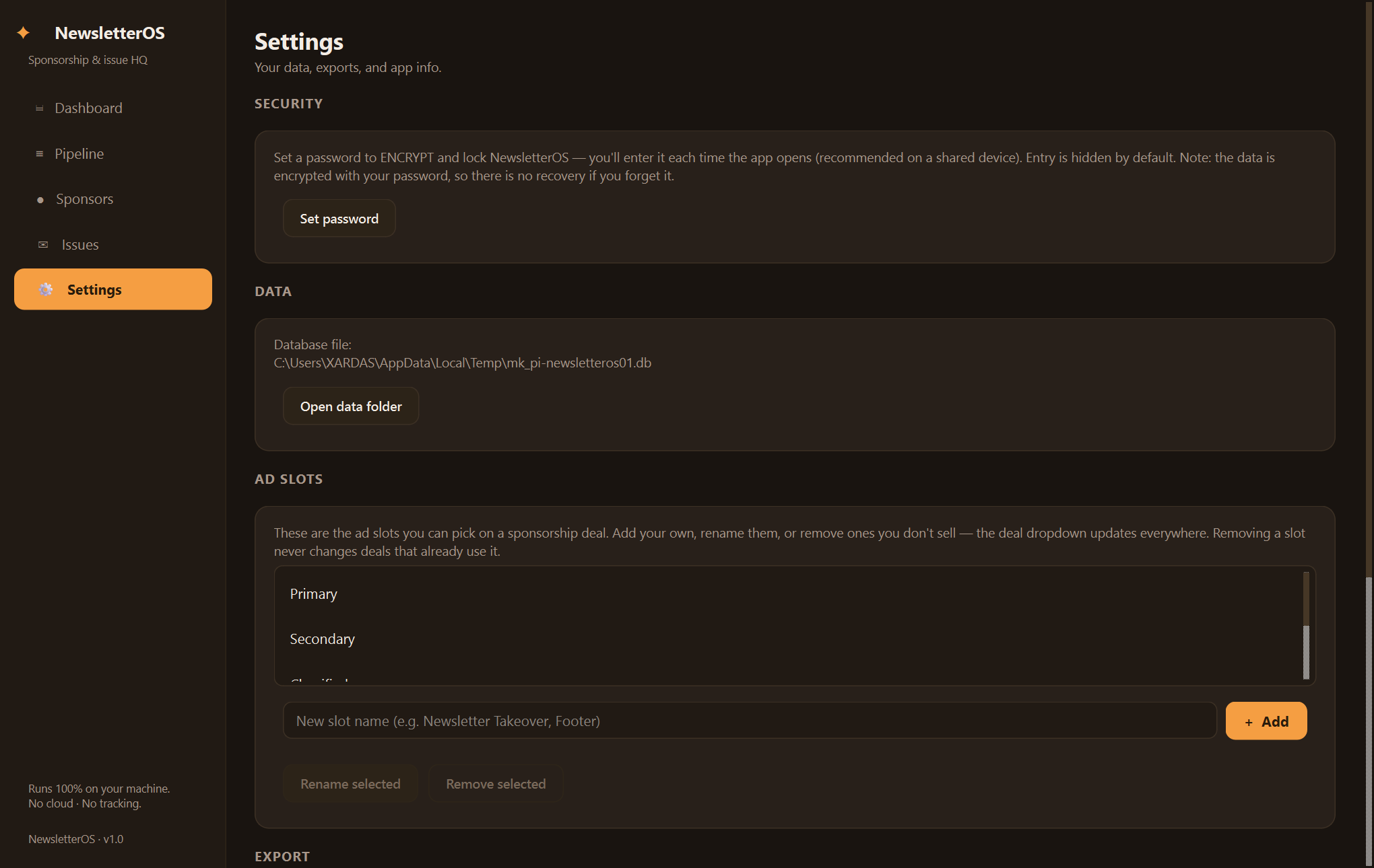NewsletterOS settings — The business desk for your paid newsletter — sponsors, deals, and issues in one native window.