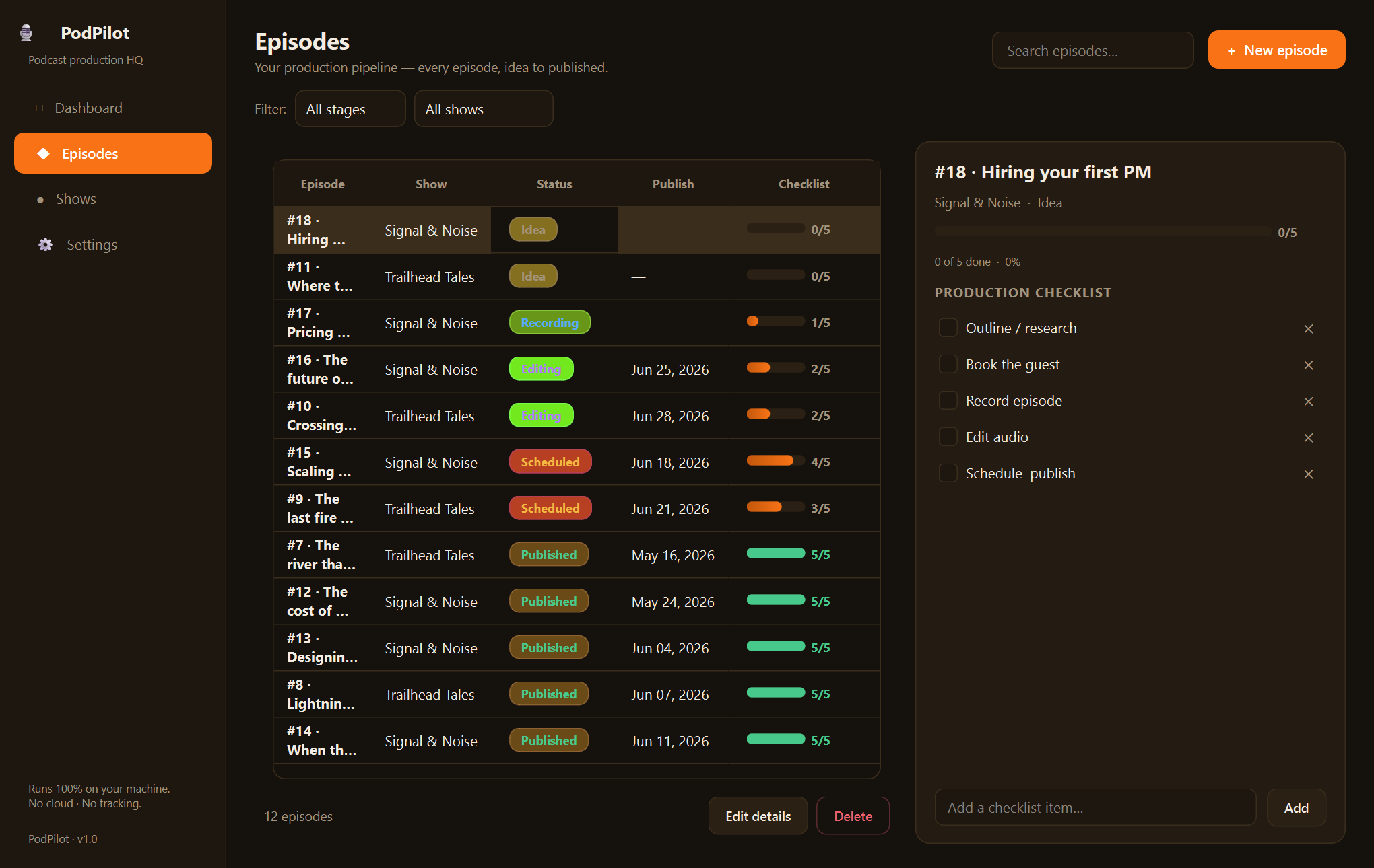 PodPilot — An offline production manager for podcasters — every episode, idea to published.