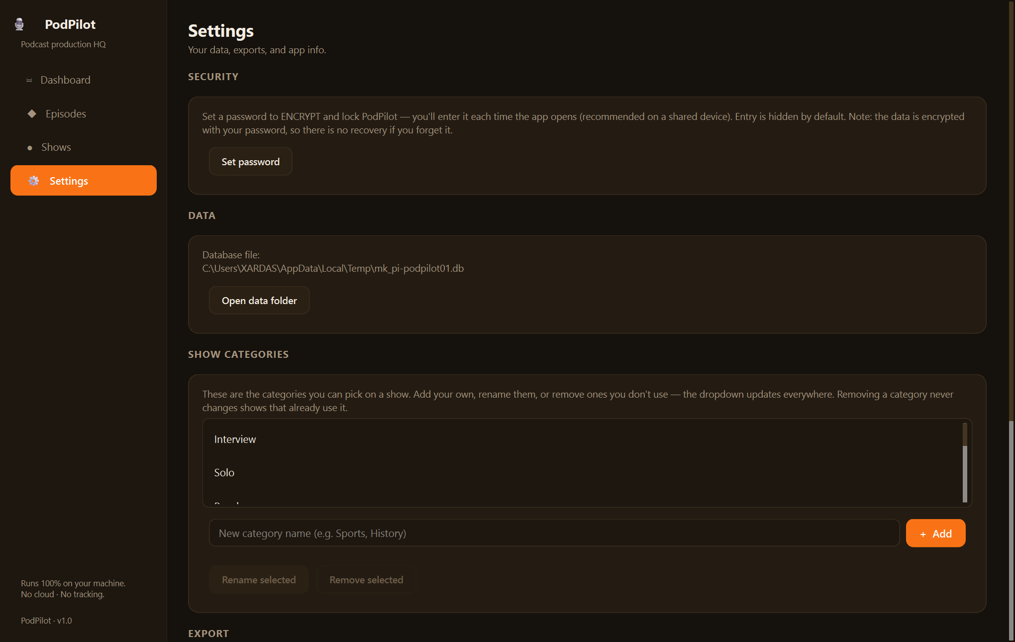 PodPilot settings — An offline production manager for podcasters — every episode, idea to published.