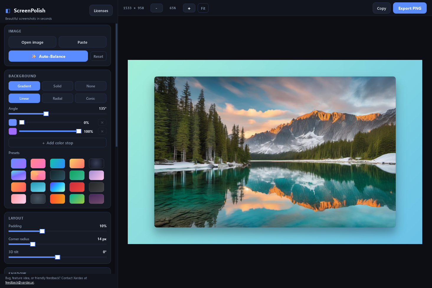 ScreenPolish — Turn plain screenshots into share-ready visuals — gradient backgrounds, device frames, and one-click polish.
