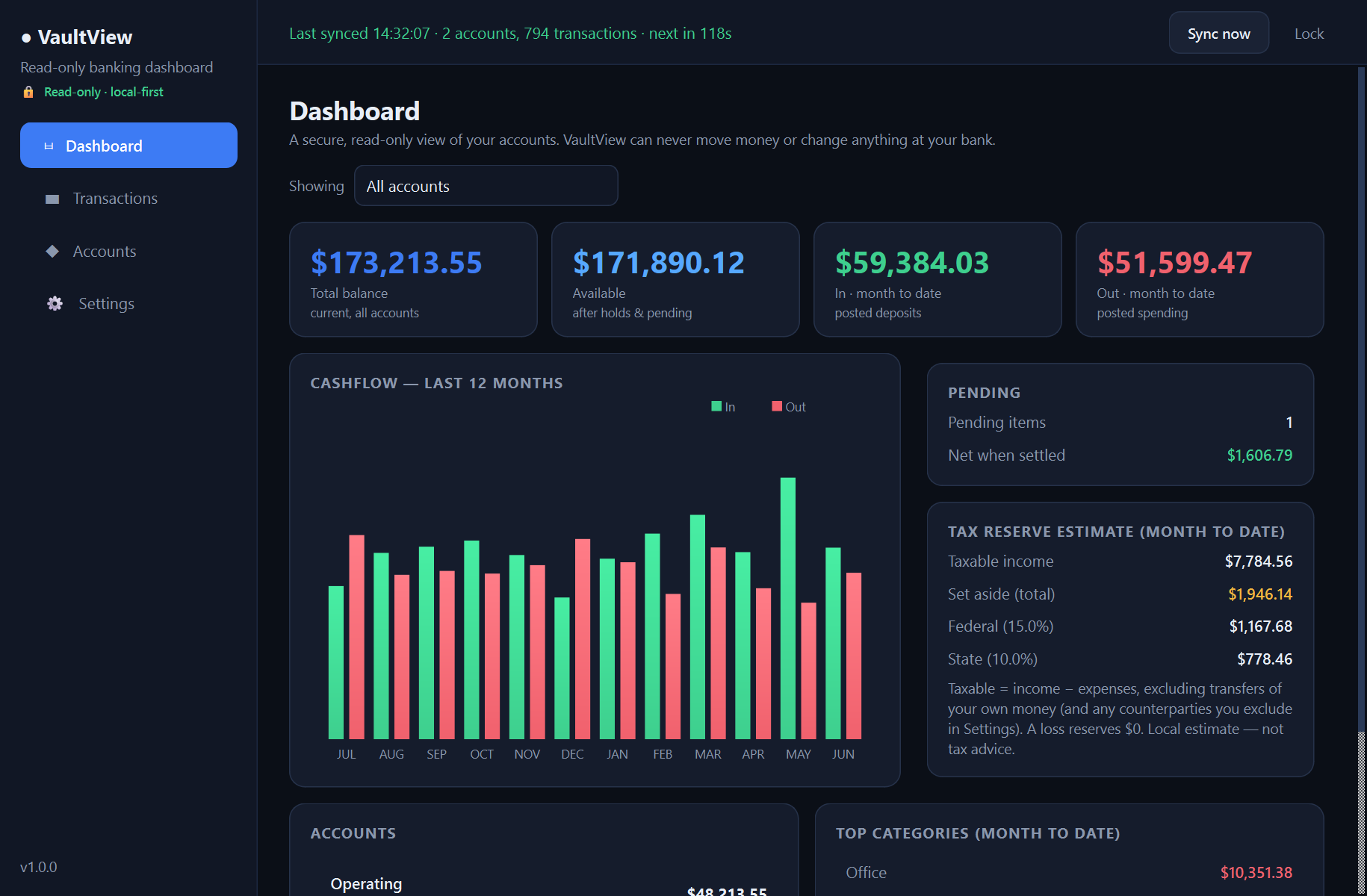 VaultView — A secure, read-only desktop dashboard for your online bank accounts — it shows everything and can move nothing.