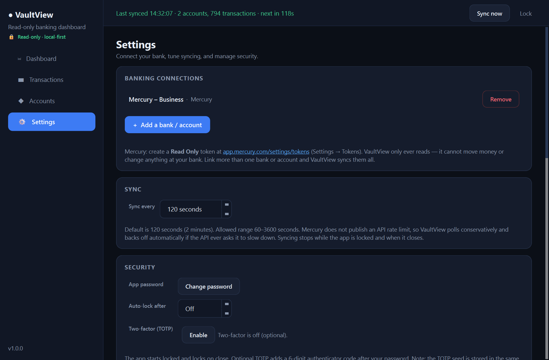 VaultView settings — A secure, read-only desktop dashboard for your online bank accounts — it shows everything and can move nothing.