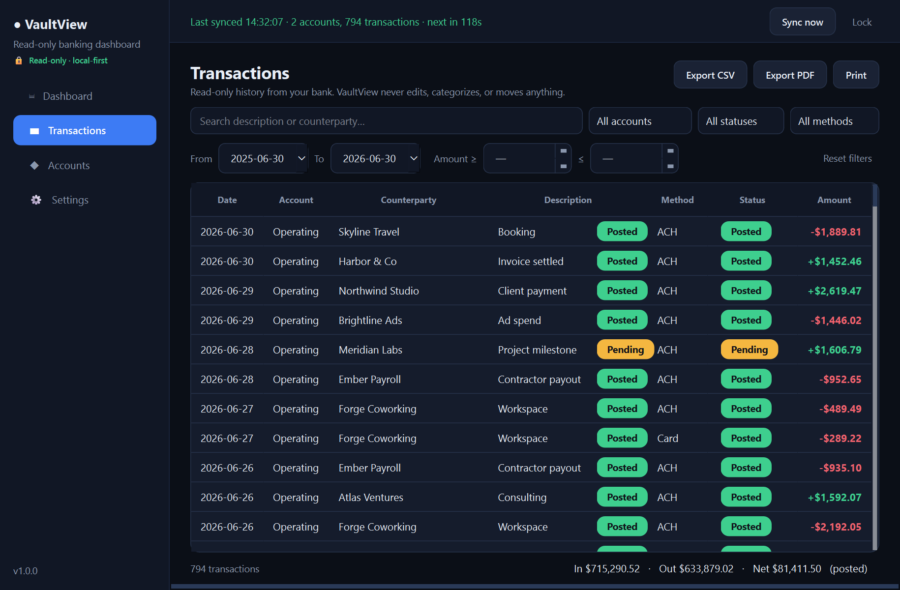 VaultView transactions — A secure, read-only desktop dashboard for your online bank accounts — it shows everything and can move nothing.